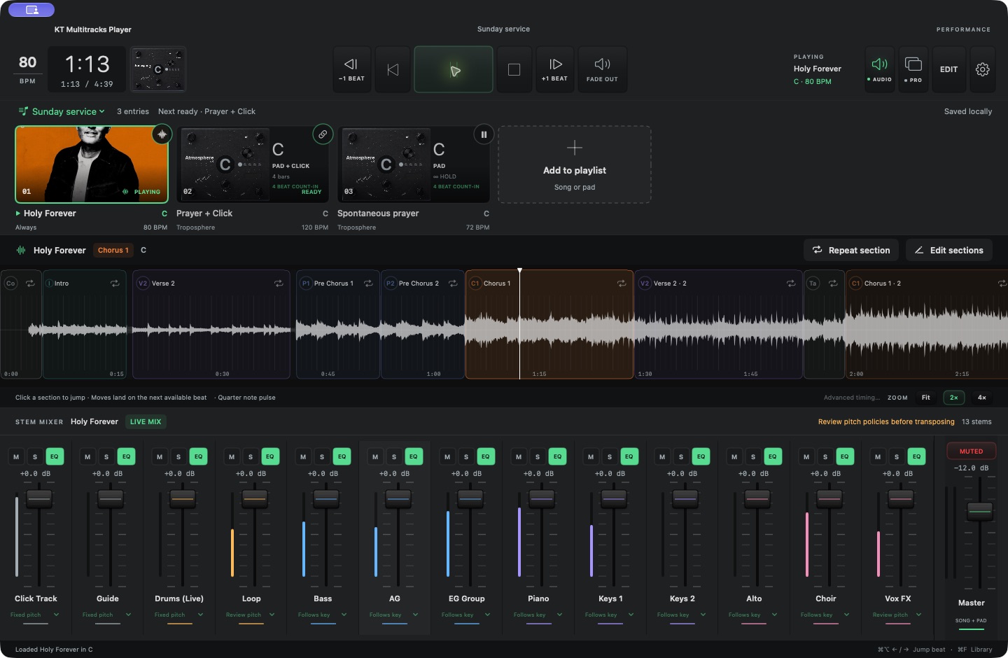 The native player with a horizontal playlist, section waveform, transport, and a mixer for individual audio stems.